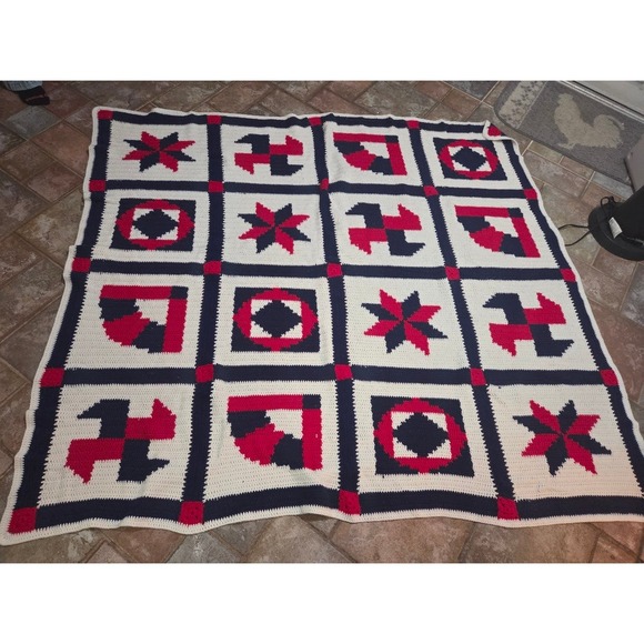 Handmade Other - Vintage Handmade Crochet Afghan Blanket Quilt Red White Blue 72x62 Patriotic